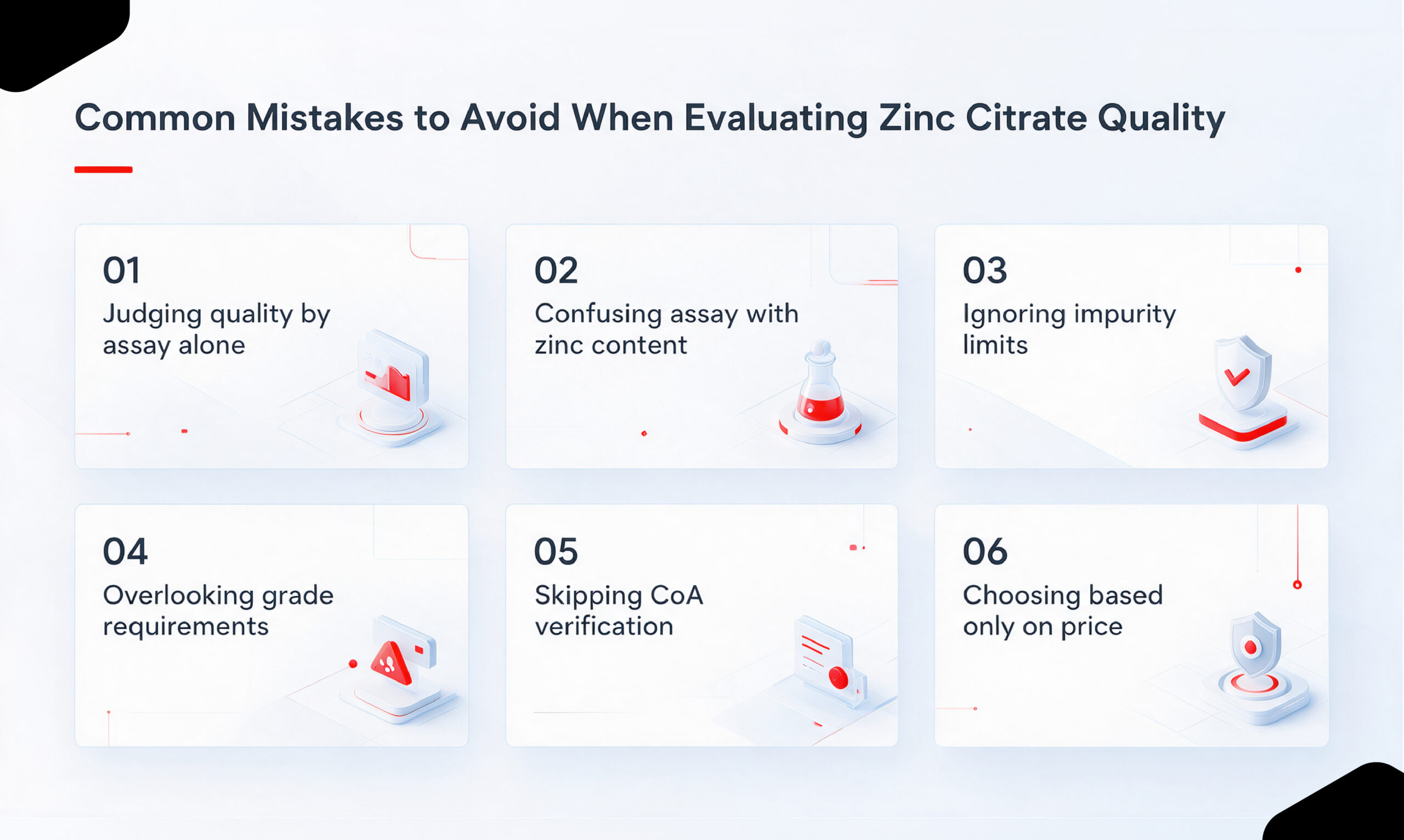 Six common mistakes when evaluating zinc citrate quality, including assay accuracy, zinc content, impurity limits, grade requirements, CoA verification, and price.